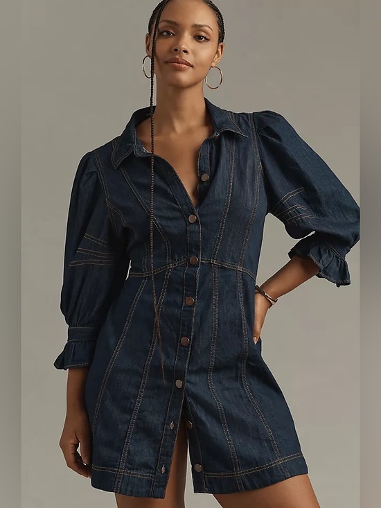 Anthropologie Dresses & Skirts - Anthropologie Puff-SleeveDenim Mini Shirt Dress Sz 2